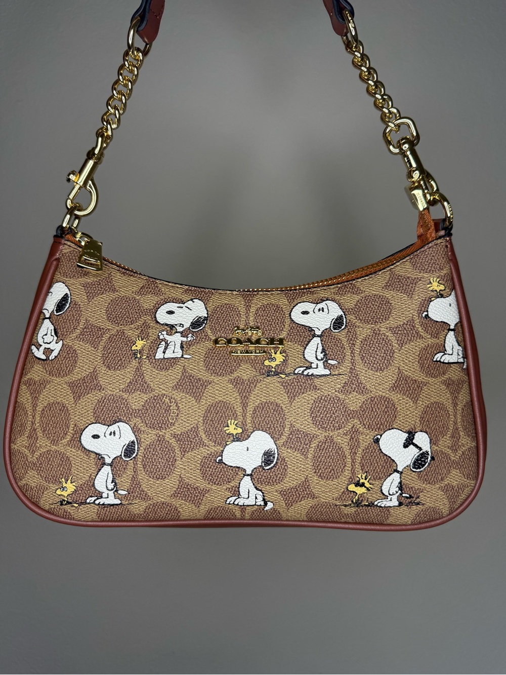 Coach Brown Signature Snoopy Print Shoulder Bag with Gold Hardware